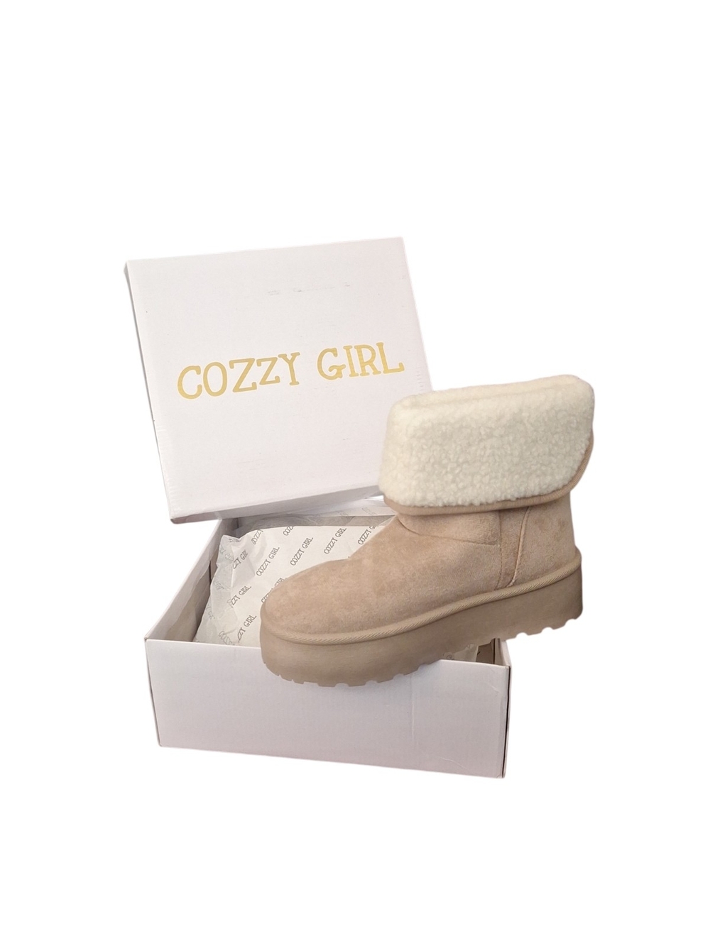 Cozy Girl Beige Shearling Cuff Platform Winter Boots